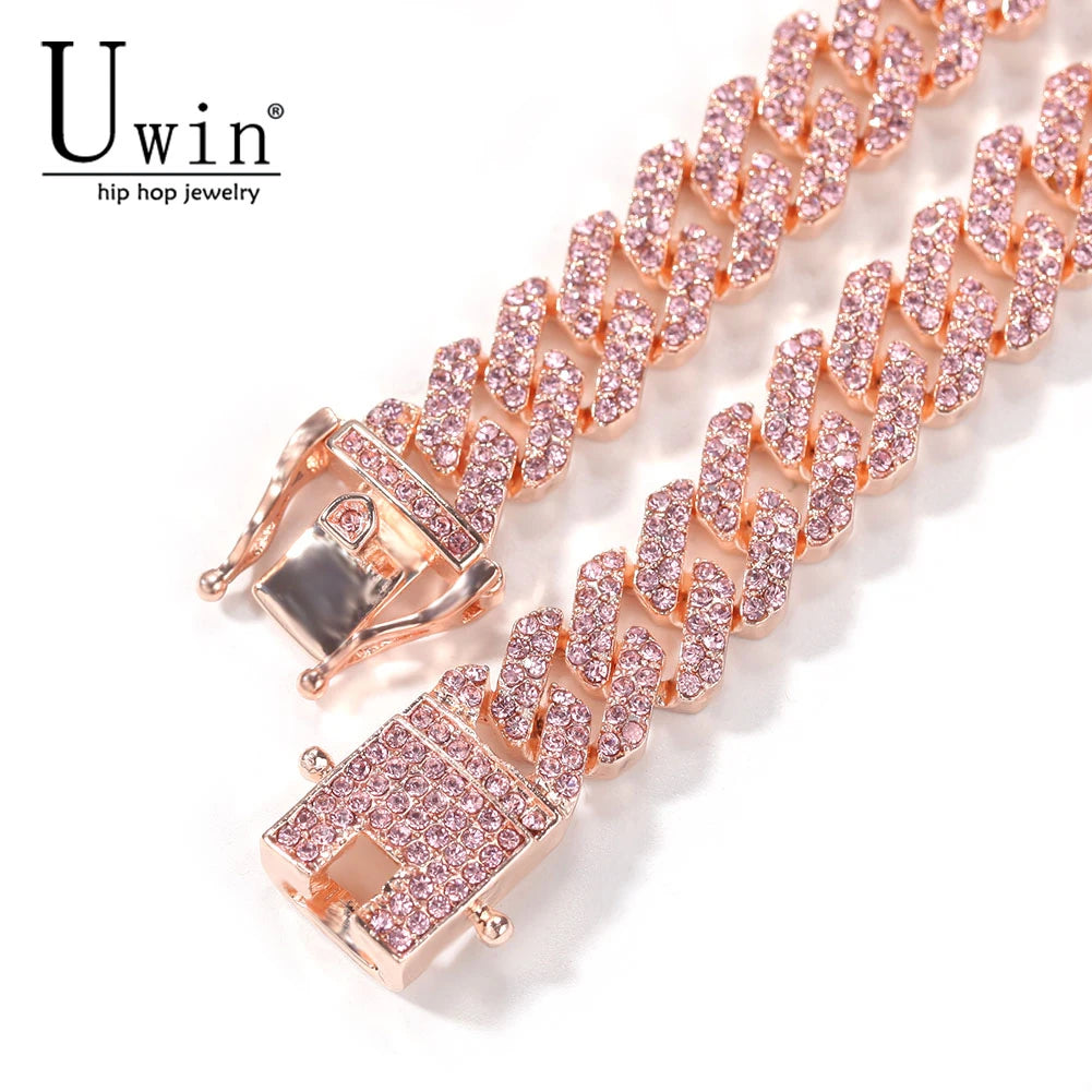 Uwin S-Link Miami RoseGold Color 12mm Cuban Link Pink Rhinestone Necklace Chain Full Bling Punk Bling Bling Charm Hiphop Jewelry