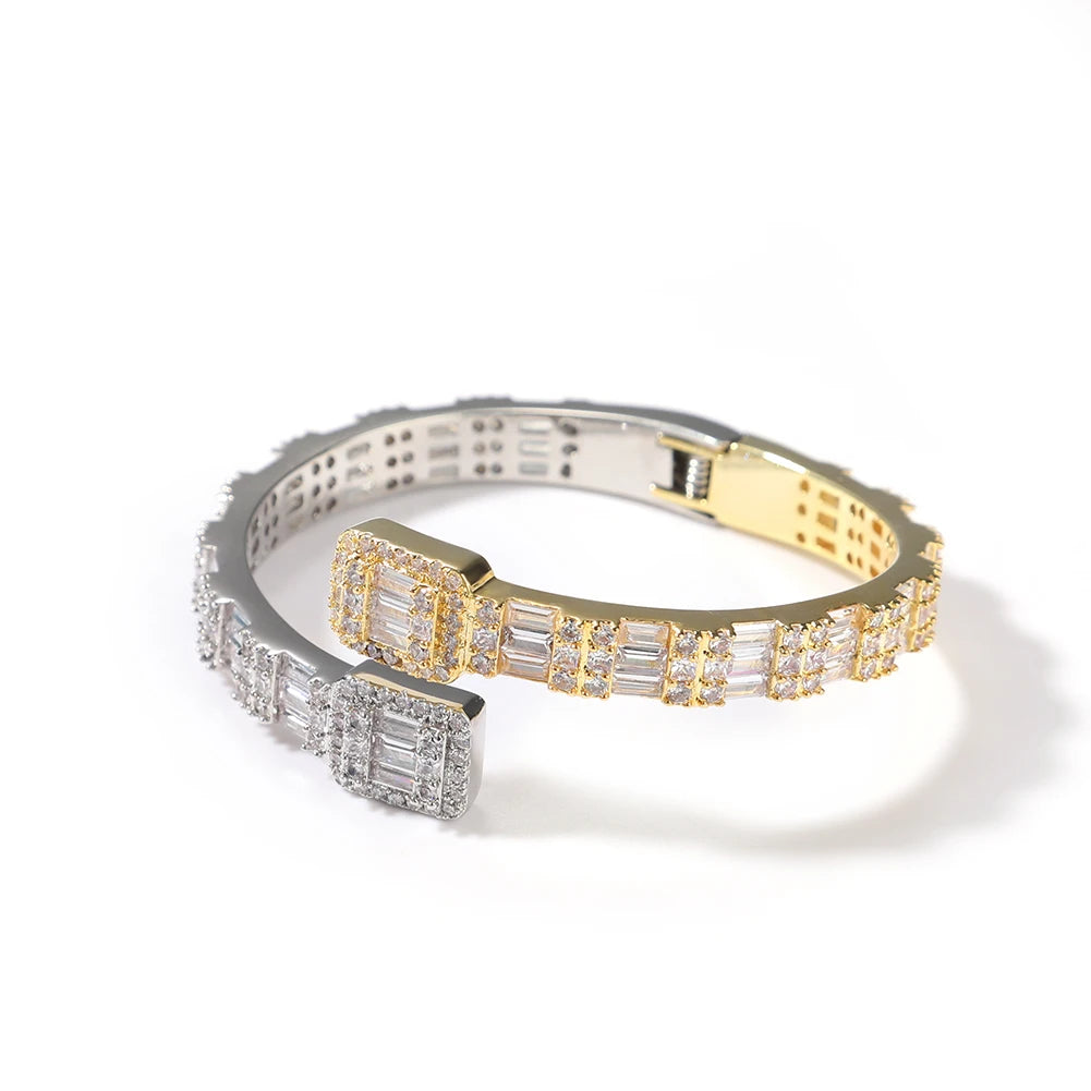 THE BLING KING 7mm Baguettecz Cuff Bangel Micro Paved Bling Square CZ Bracelet Luxury Wrist Rapper Jewelry Punk Bangle