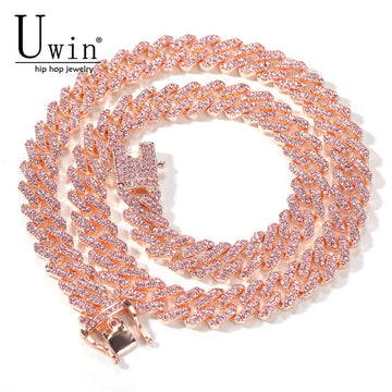 Uwin S-Link Miami RoseGold Color 12mm Cuban Link Pink Rhinestone Necklace Chain Full Bling Punk Bling Bling Charm Hiphop Jewelry