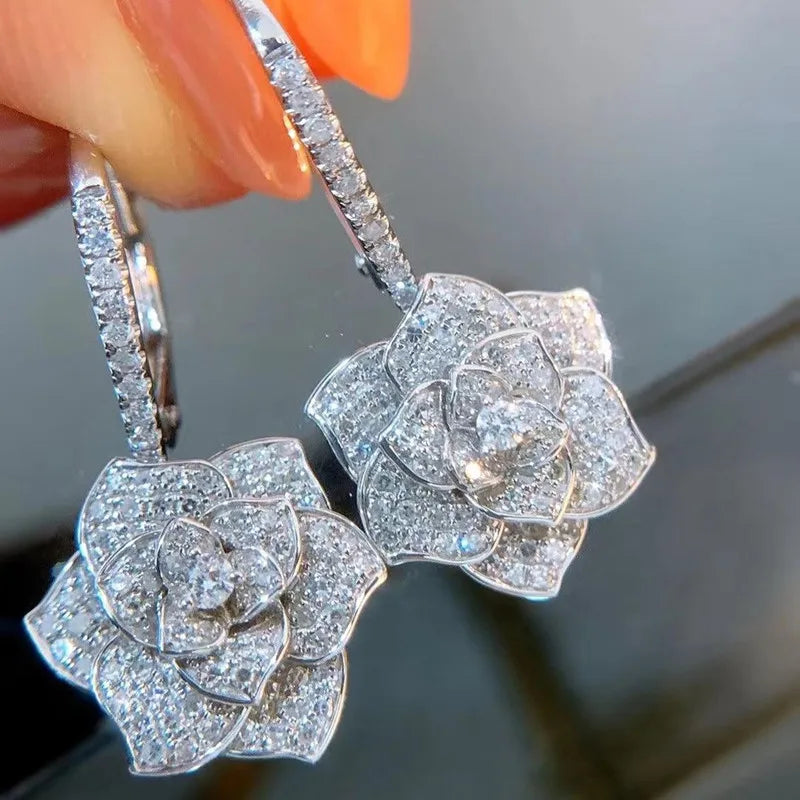 Huitan Fashion Luxury Flower Earrings for Women Full Cubic Zirconia Bling Bling Female Ear Accessories Dance Party Novel Jewelry