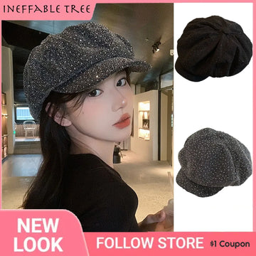 Y2K Korean Gypsy Bling Star Printed Octagonal Painter Hat Women's Versatile Big Head Casual Newsboy Cap Gorro Hombre