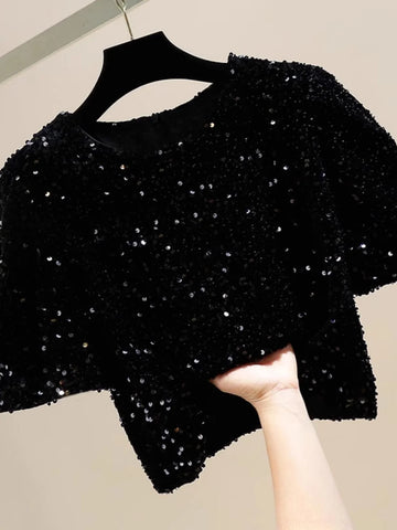 Shiny Sequin Short Sleeve T-Shirt Women's Loose Korean Sle round Neck Sparkling Blingbling Top Spring 2025 New Arrival