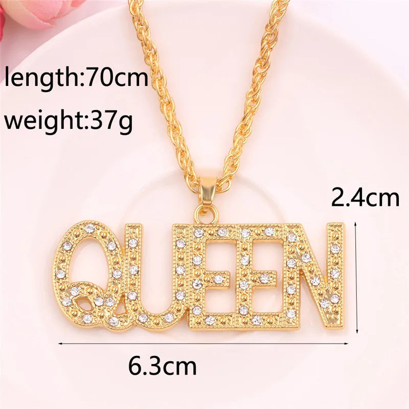 Men Women Hip Hop Bling KING QUEEN Letter Pendant Necklace Link Chain Necklaces Iced Out Charm Fashion Jewelry