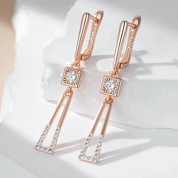 Hollow Triangle Silver Color White Zircon Long Earrings for Women 585 Golden Blingbling Accessories Personality Costume Jewelry