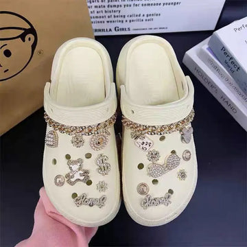 18Pcs Bling Shoe Charms for Clog Girly Cute Designer Golden Bling Shoe Charms Shoe Decoration with Bling Chain