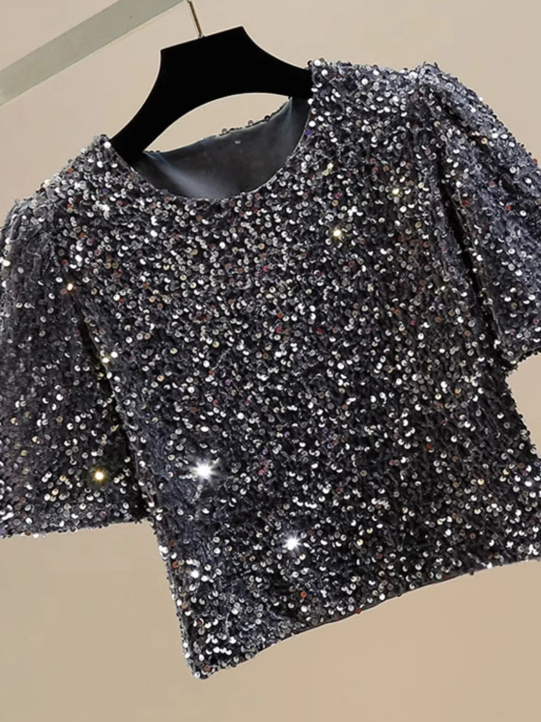 Shiny Sequin Short Sleeve T-Shirt Women's Loose Korean Sle round Neck Sparkling Blingbling Top Spring 2025 New Arrival