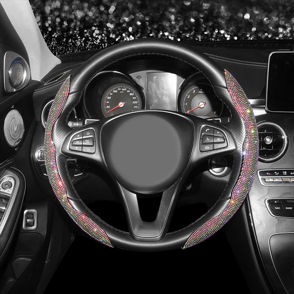 Bling Bling Diamond Steering Wheel Cover Universal Leather Sparkly Wheel Protector Anti-Slip Cover Car Accessories for Women