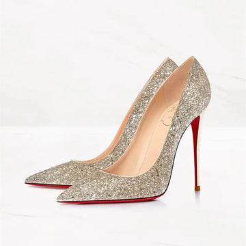 HLTINO Fashion Golden Pumps with Red Bottom Bling High Heel Stilettos for Wedding Party Bridal Dress Shoes with Sequins
