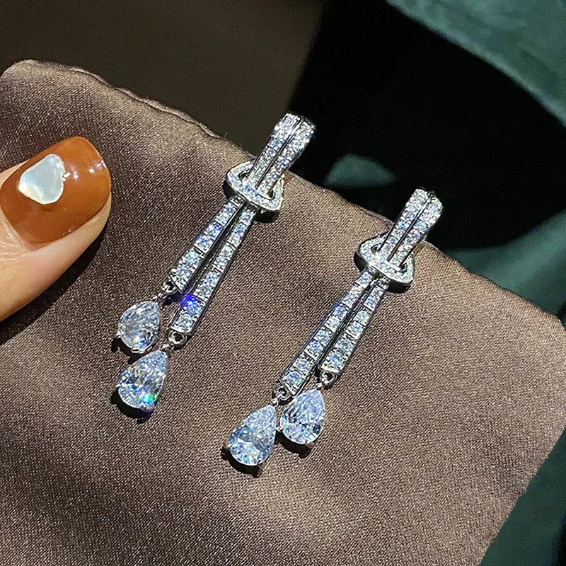 Huitan Bling Bling Long Tassels CZ Drop Earrings for Women Elegant Charms Wedding Party Jewelry Trendy Hot Sale Ear Accessories