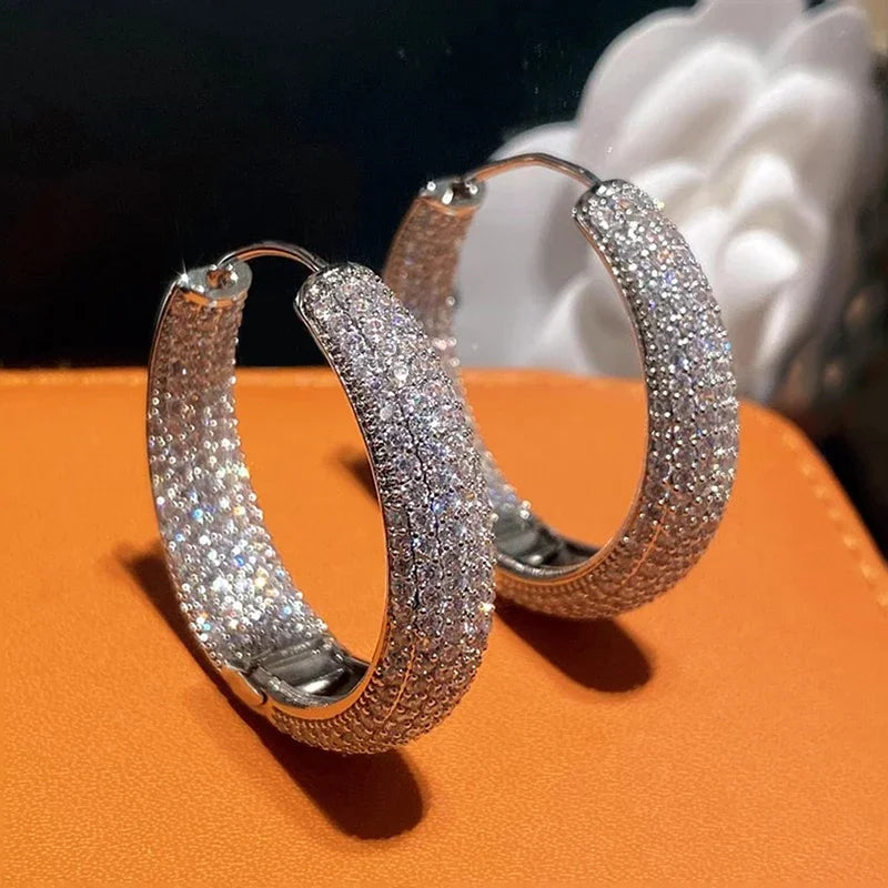 Huitan Luxury Aesthetic Hoop Earrings Full Bling Bling Cubic Zirconia for Women Sparkling Noble Party Jewelry Trendy Accessories