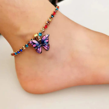 Bohemian Metal Butterfly Anklet Bracelet Colorful Bling Bling Tennis Anklet For Women Girls Summer Beach Foot Chain Accessories
