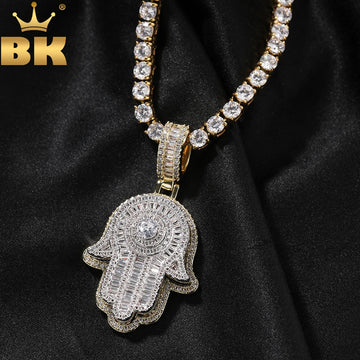 THE BLING KING Double Layer Famita Hamsa Hand Pendant Full Iced Out Bling Cubic Zirconia Necklace Luxury Hiphop Jewelry For Gift