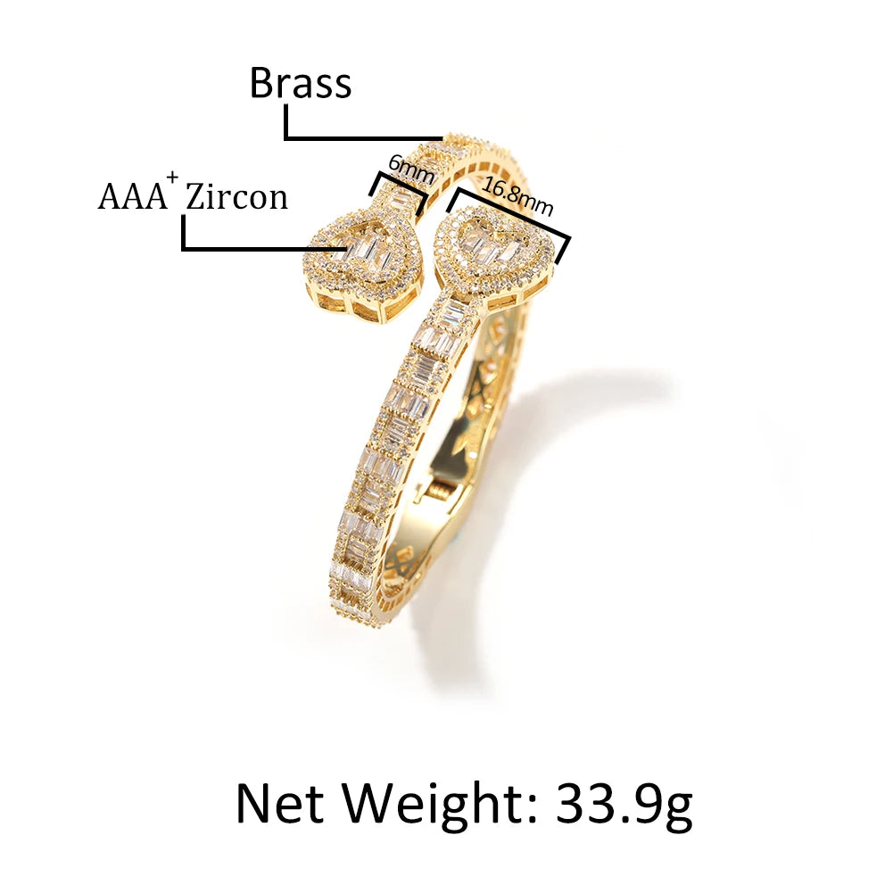 THE BLING KING 6mm Baguettecz Heart Cuff Bangle Micro Paved Bling Cubic Zirconia Luxury Wrist Rapper Hiphop Jewelry Punk Bangle