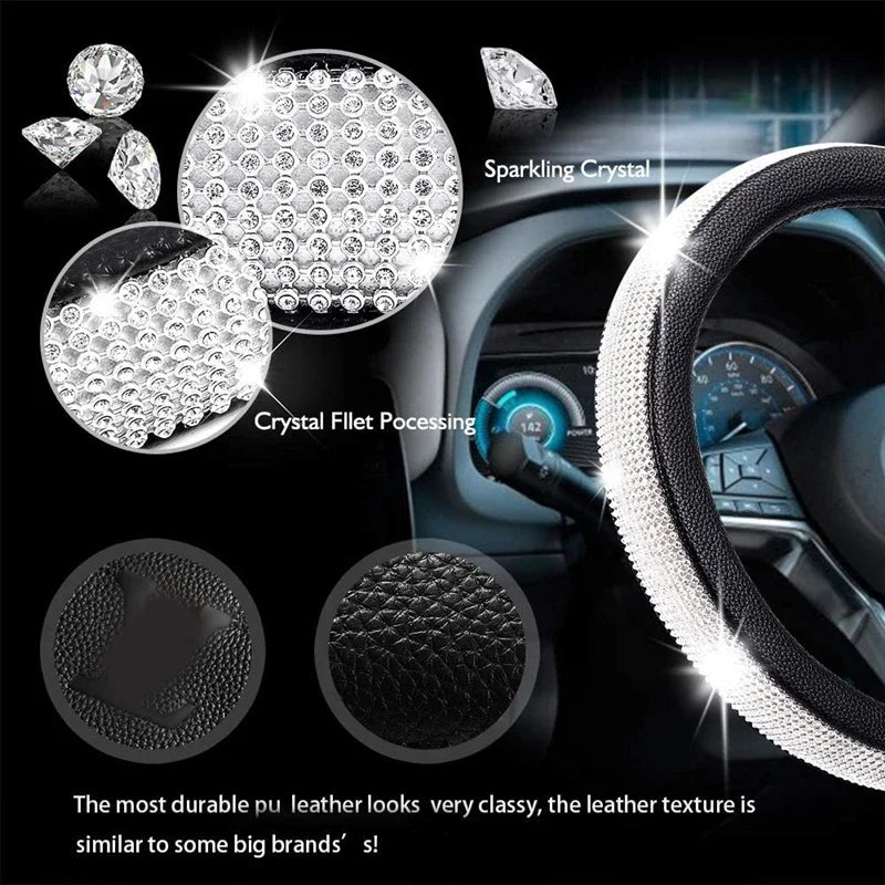 Bling Bling Diamond Rhinestones Crystal Car Steering Wheel Cover PU Leather Auto Accessories Case Car Styling