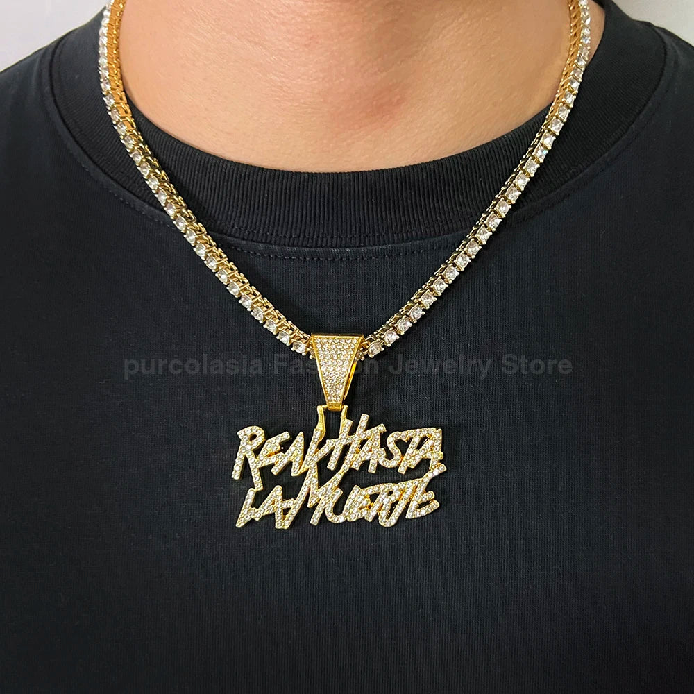 Hip Hop Street Style realhasta lamuerte Letter Bling Pendant Necklace 4mm Bling chain Iced out Bling For Rapper Cool Jewelry