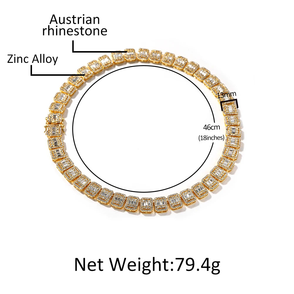 THE BLING KING 13mm Zinc Alloy Baguettestone Necklaces Micro Paved Bling Rhinestones Link Chain Fashion Mens Hiphop Jewelry