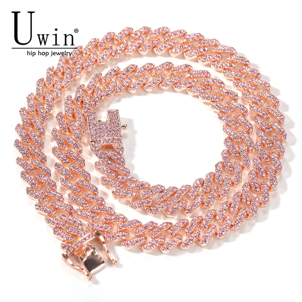 Uwin S-Link Miami RoseGold Color 12mm Cuban Link Pink Rhinestone Necklace Chain Full Bling Punk Bling Bling Charm Hiphop Jewelry
