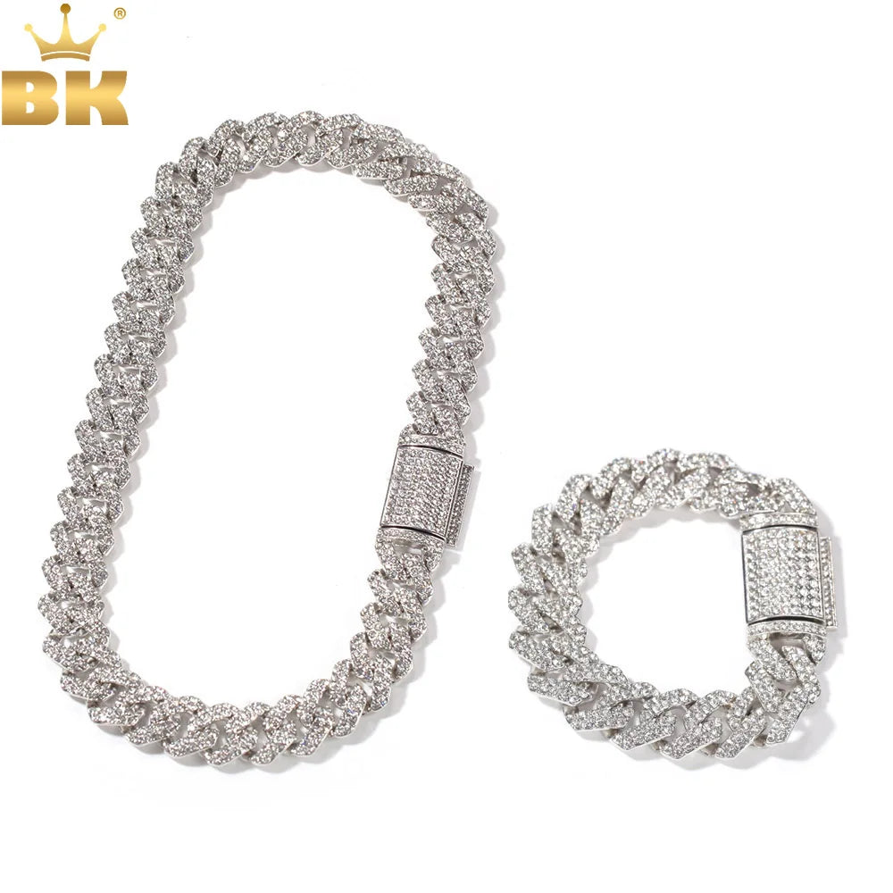 THE BLING KING NE+BA 18mm Zinc Alloy S-Link Mens Miami Cuban Necklace & Bracelet Set Full Bling Iced Rhinestones Hiphop Jewelry