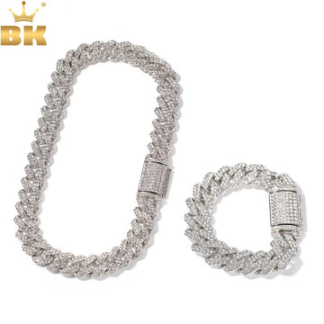 THE BLING KING NE+BA 18mm Zinc Alloy S-Link Mens Miami Cuban Necklace & Bracelet Set Full Bling Iced Rhinestones Hiphop Jewelry