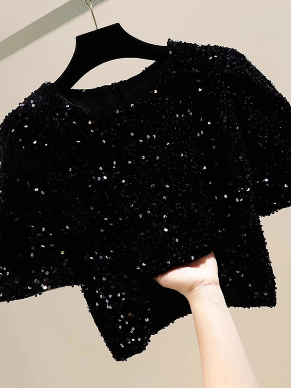 Shiny Sequin Short Sleeve T-Shirt Women's Loose Korean Sle round Neck Sparkling Blingbling Top Spring 2025 New Arrival