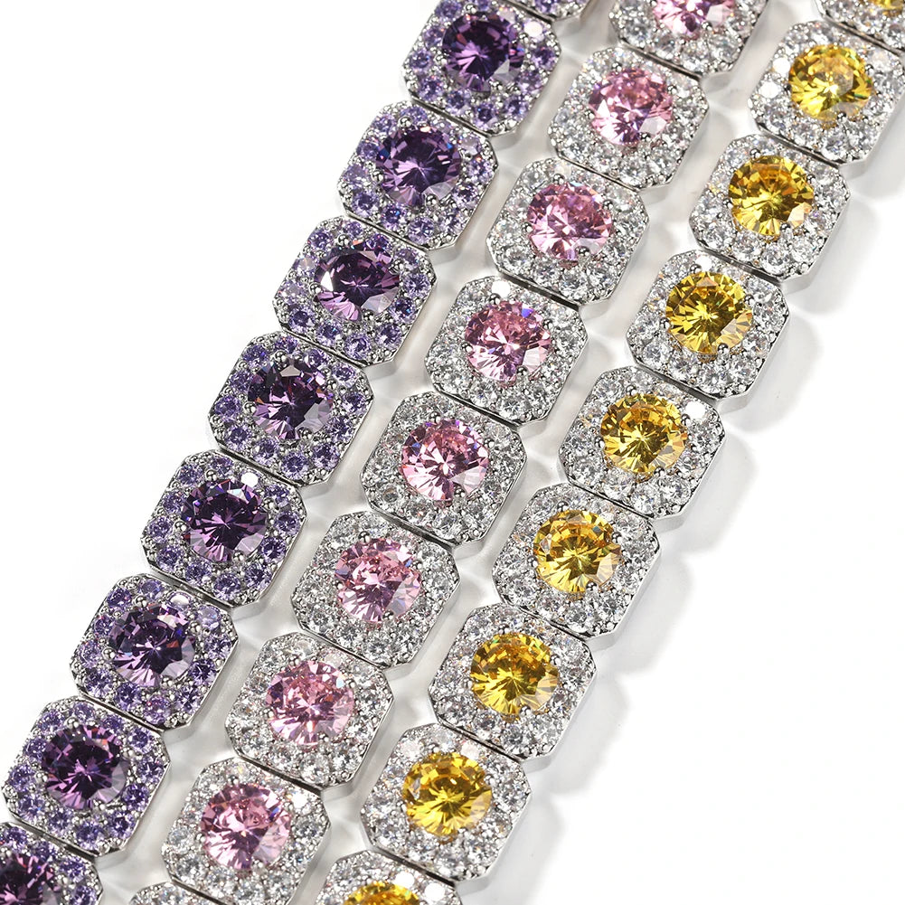 THE BLING KING 12mm Bracelet Iced Out Bling Pink Purple Yellow Square Baguettecz Paved Link Chain Choker Hiphop Jewelry For Gift