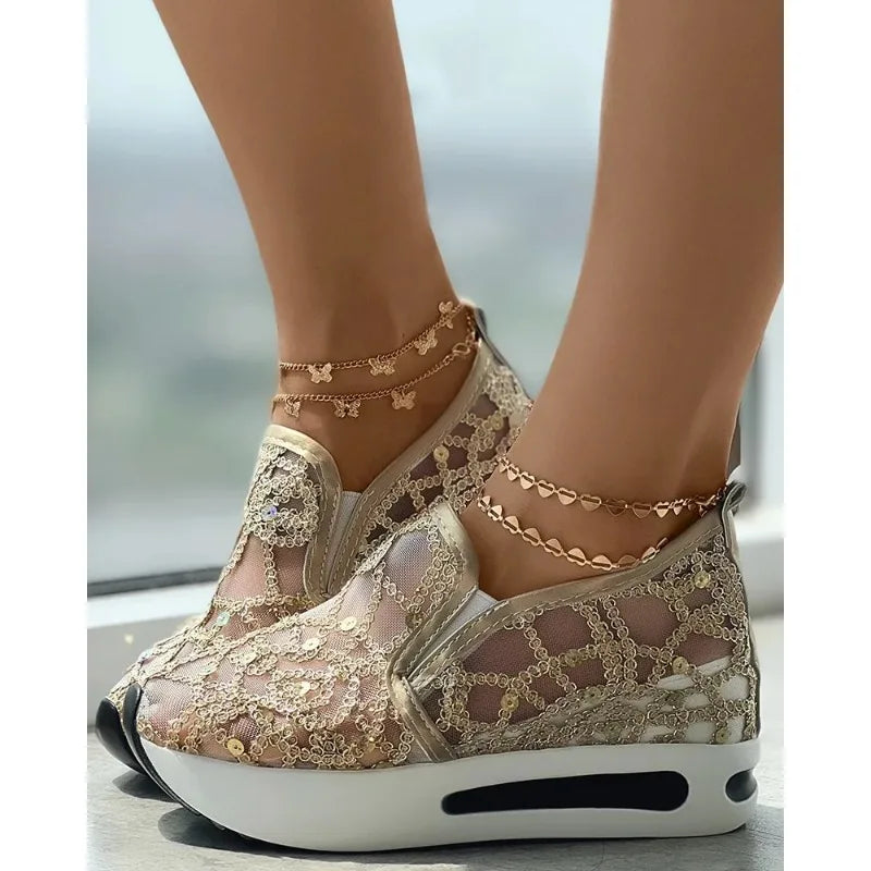 women's Muffin Sneakers Sequin Slip On Casual Shoes Round Toe Bling Bling Contrast Paneled Low Heel Sequin Slip On Sneakers