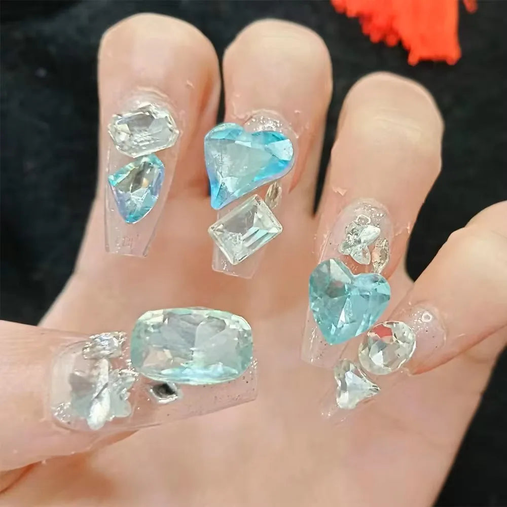 10pcs High Quality Handmade Press on Nails BLingBLing Blue Eyes Diamond of Duck Egg Korean Nail Art Accessories