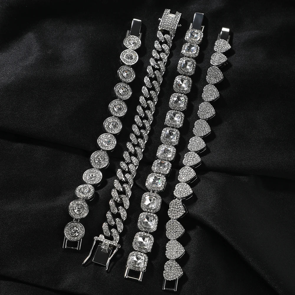 THE BLING KING 4pcs Bracelets Micro Paved Bling Rhinestones Link Chain Zinc Alloy Set Bracelet Women Hiphop Jewelry