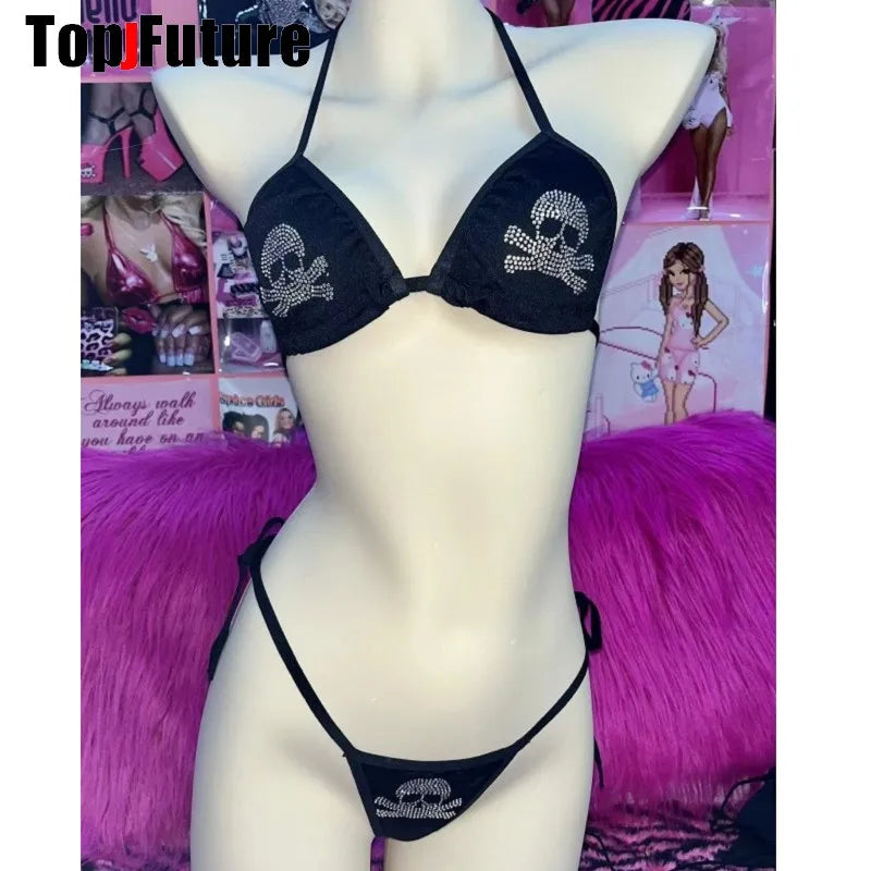 Women Men Gothic Lolita Punk Harajuku Y2K girl skull Bikini Bling Bling Tank Top Trim Crop Tops Bikini set