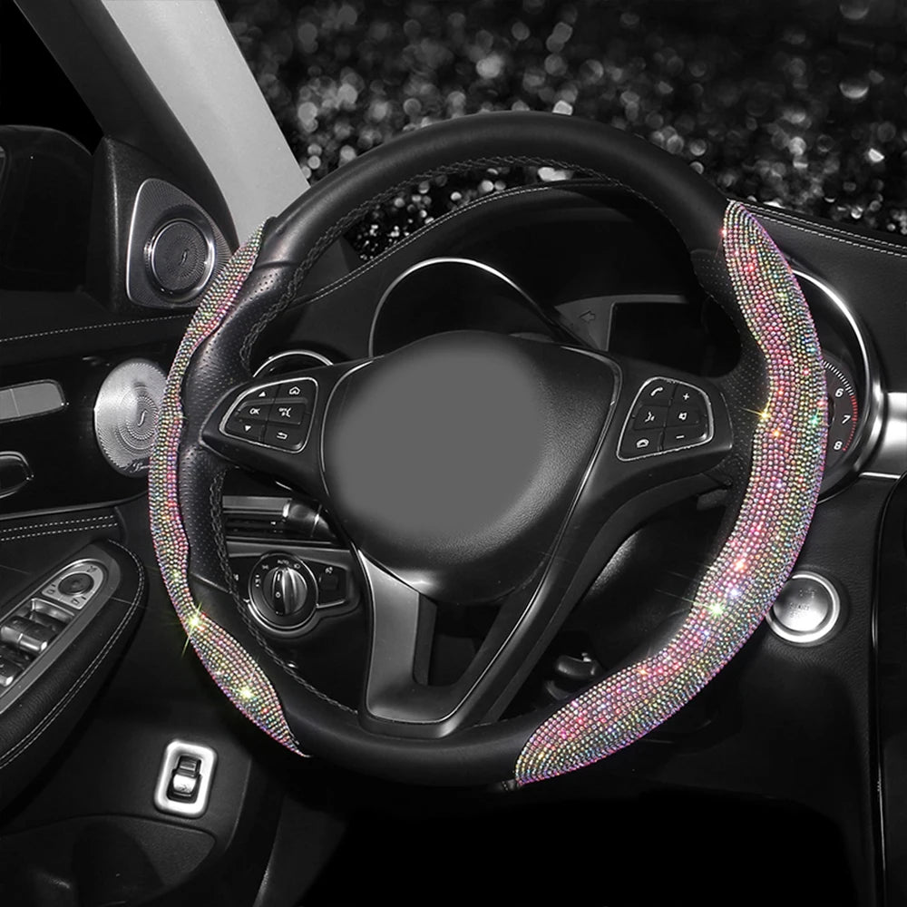Bling Bling Diamond Steering Wheel Cover Universal Leather Sparkly Wheel Protector Anti-Slip Cover Car Accessories for Women