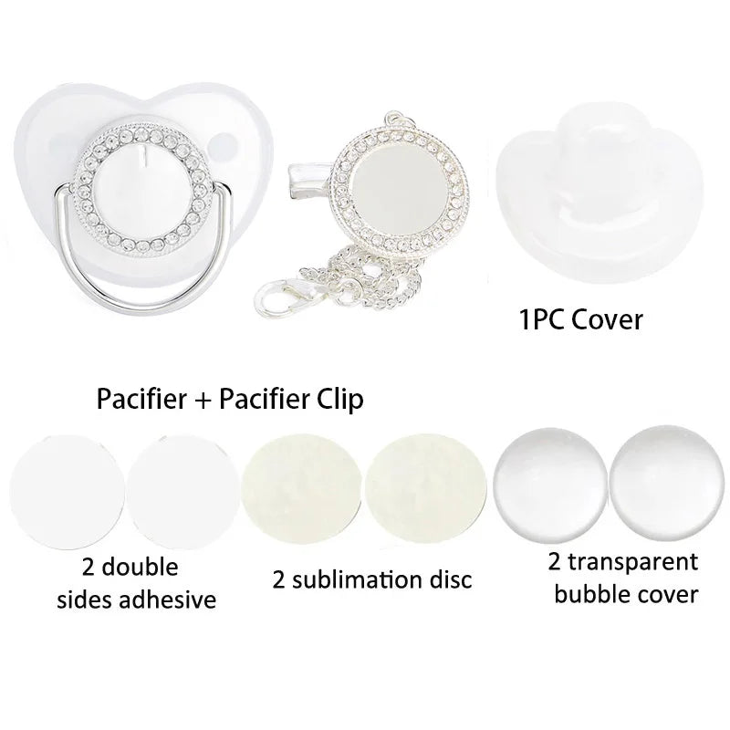 Silver Color Blank Baby Pacifier with Chain Clip Cover Set Bling Rhinestone Silicone Pacifiers BPA Free Newborn Shower Gift