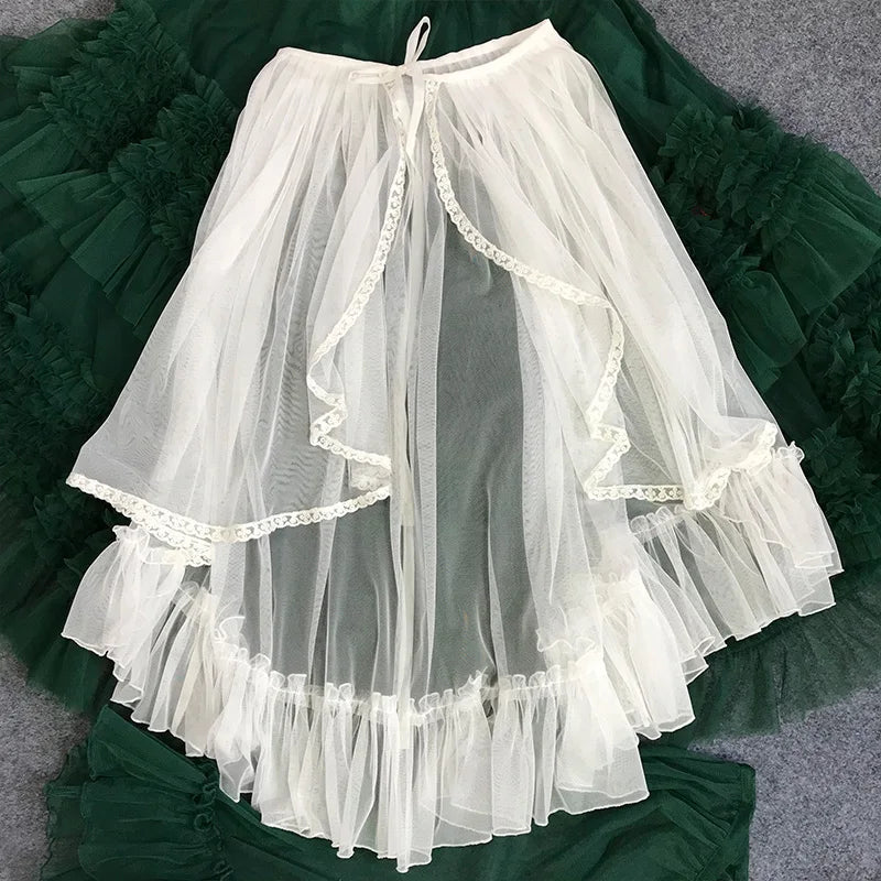 Japanese Sweet Lolita Lace Ruffles Skirt for Women, Asymmetrical Mesh, Cute Curtain, Sheer Cover Up, Princess Fairy, Bling Star