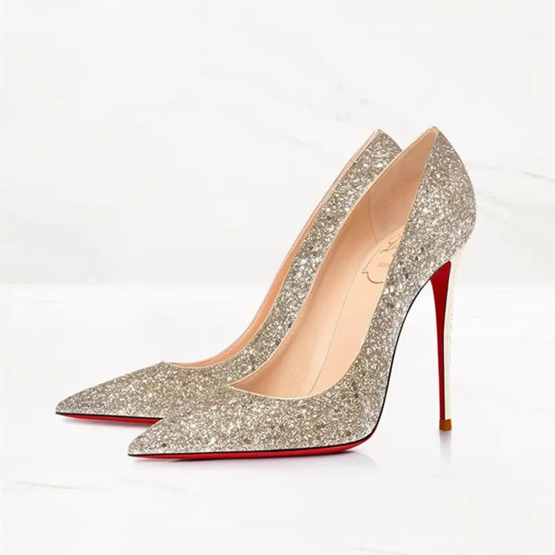HLTINO Fashion Golden Pumps with Red Bottom Bling High Heel Stilettos for Wedding Party Bridal Dress Shoes with Sequins