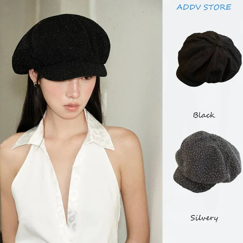 Y2K Korean Gypsy Bling Star Printed Octagonal Painter Hat Women's Spring Summer Versatile Big Head Casual Newsboy Cap Gorra