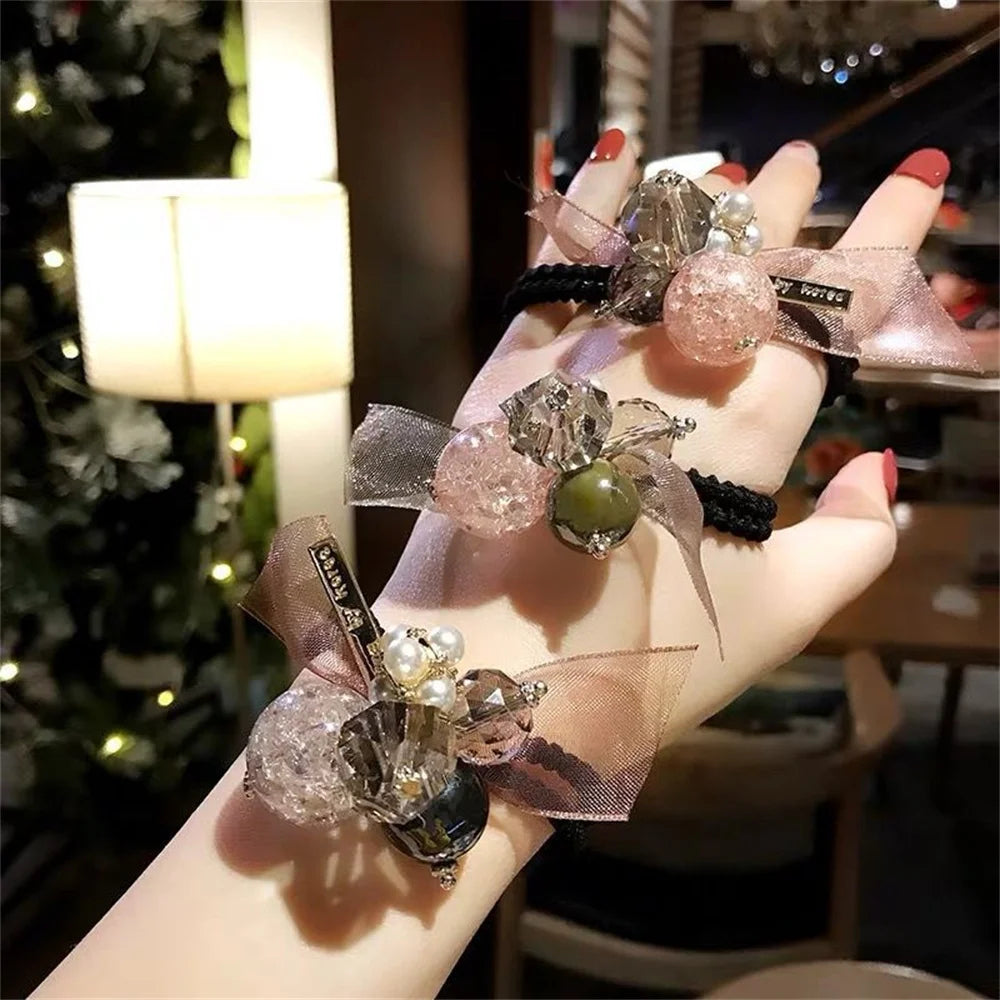 Bling Bling Big Crystal Hair Rope Pearl Hair Ties Ribbon Decoration Ponytail Holders For Women Girl Hair Accessories