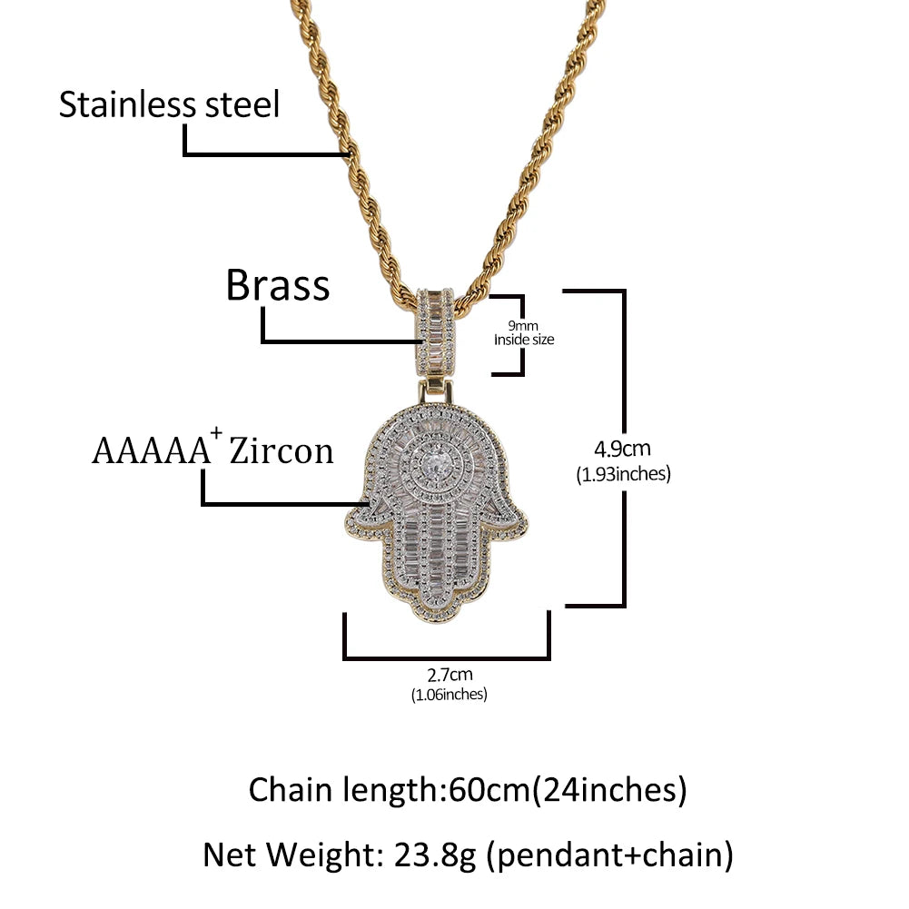 THE BLING KING Double Layer Famita Hamsa Hand Pendant Full Iced Out Bling Cubic Zirconia Necklace Luxury Hiphop Jewelry For Gift