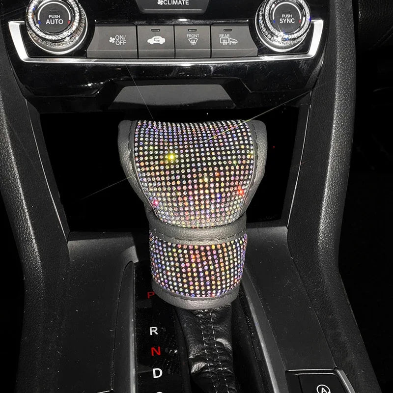 Bling Bling Car Shift Gear Cover Leather Auto Gear Shift Knob Cover Universal Crystal Rhinestones Car Accessories for Women