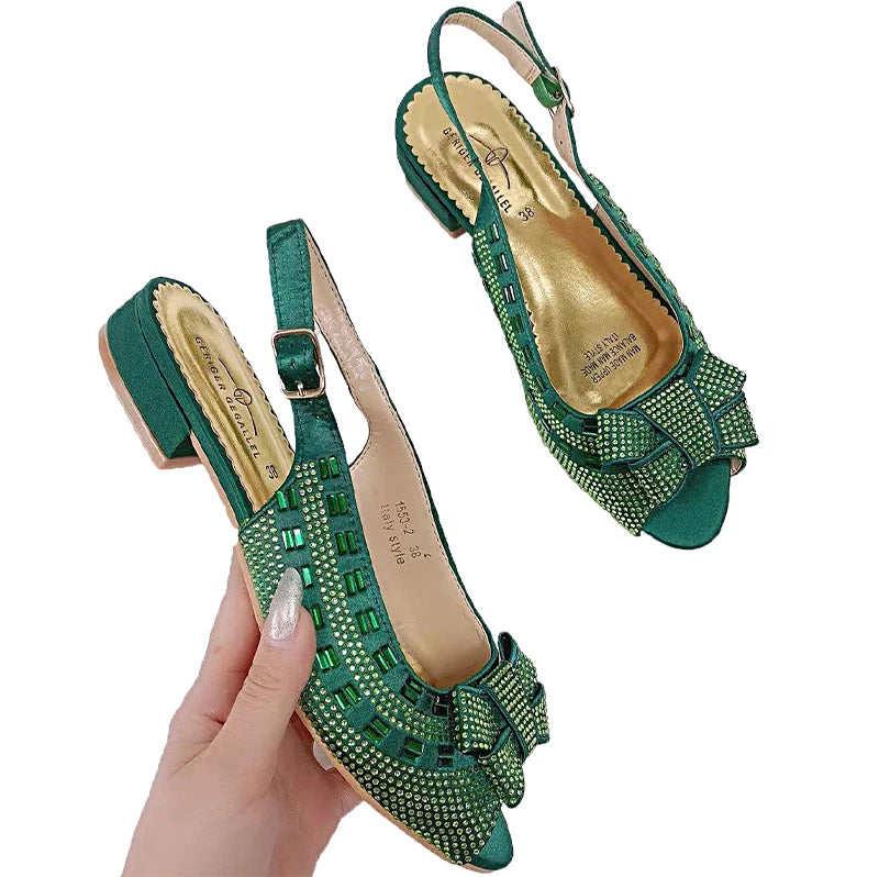 Italian Stylish Wedge Sandals Designer Shoes 2023 Summer Chunky Wedge Heel Bowknot Bling Bling Rhinestone Lady Thick Heel Shoe