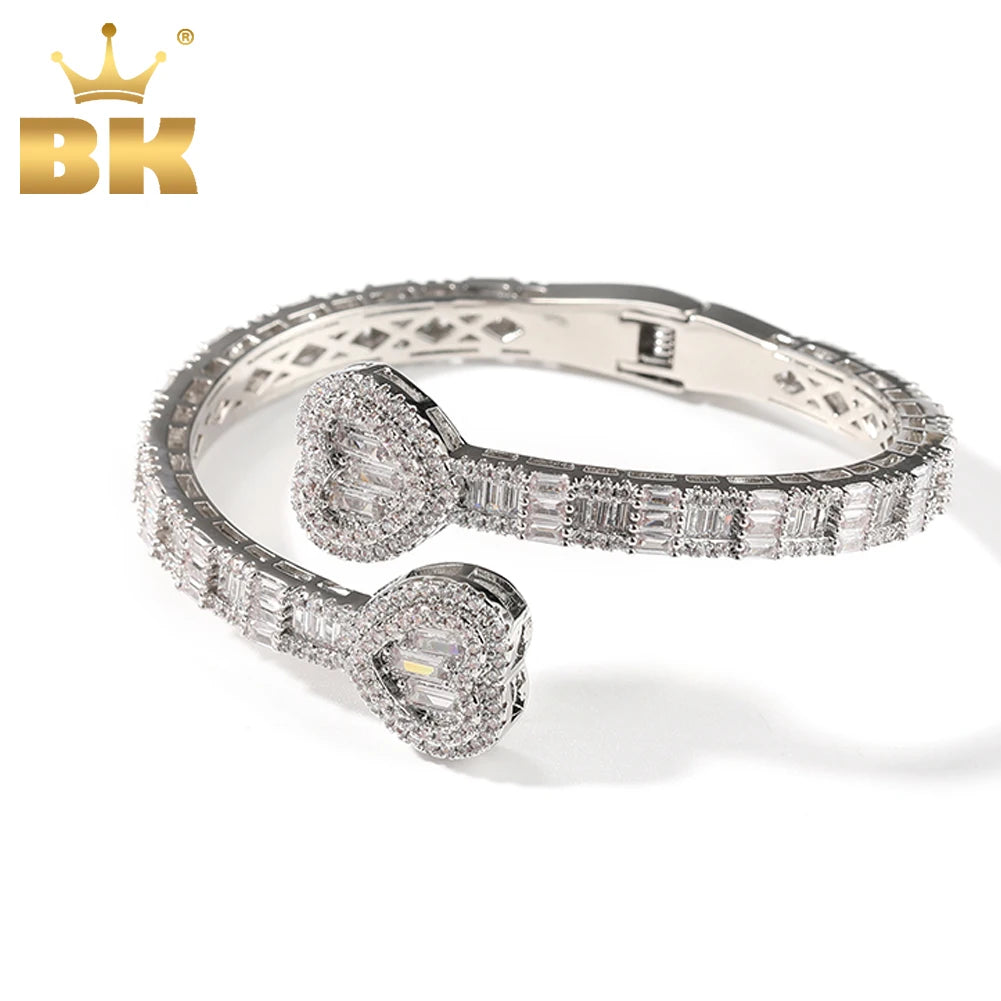 THE BLING KING 6mm Baguettecz Heart Cuff Bangle Micro Paved Bling Cubic Zirconia Luxury Wrist Rapper Hiphop Jewelry Punk Bangle