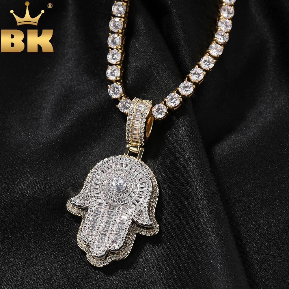 THE BLING KING Double Layer Famita Hamsa Hand Pendant Full Iced Out Bling Cubic Zirconia Necklace Luxury Hiphop Jewelry For Gift