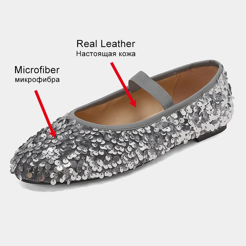 JOZHAMTA Size 34-43 Women Sparkly Glitter Ballet Flats Shoes Soft Sequin Low Heels Shoes 2025 Spring Dance Bling Bling  Dress