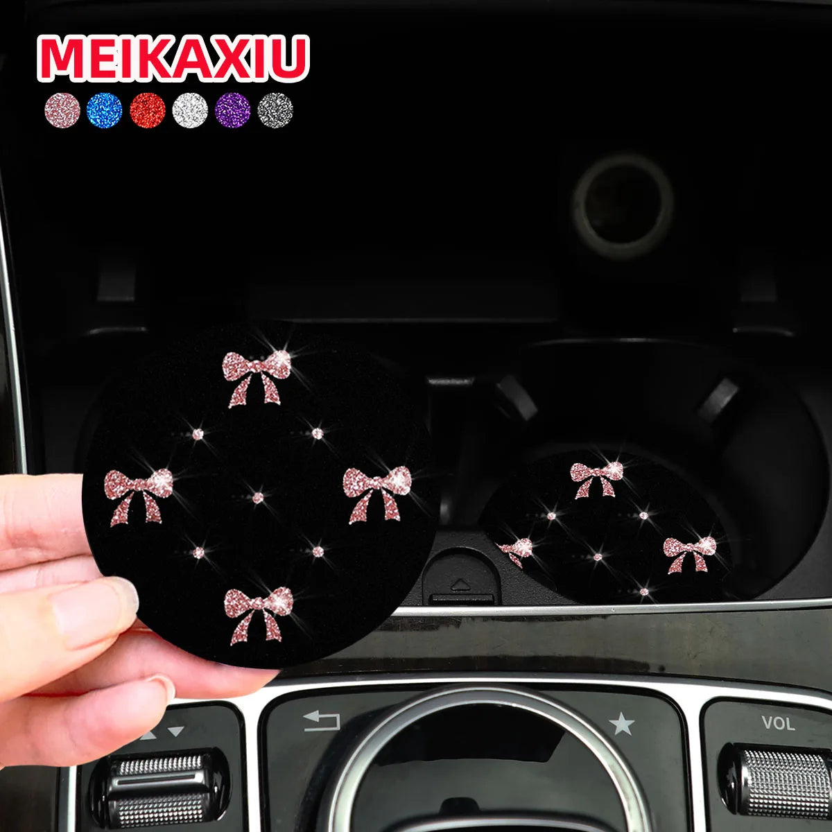 A pair of bow glitter Blingbling water coasters waterproof non-slip car water cup holder car interior accessories for women