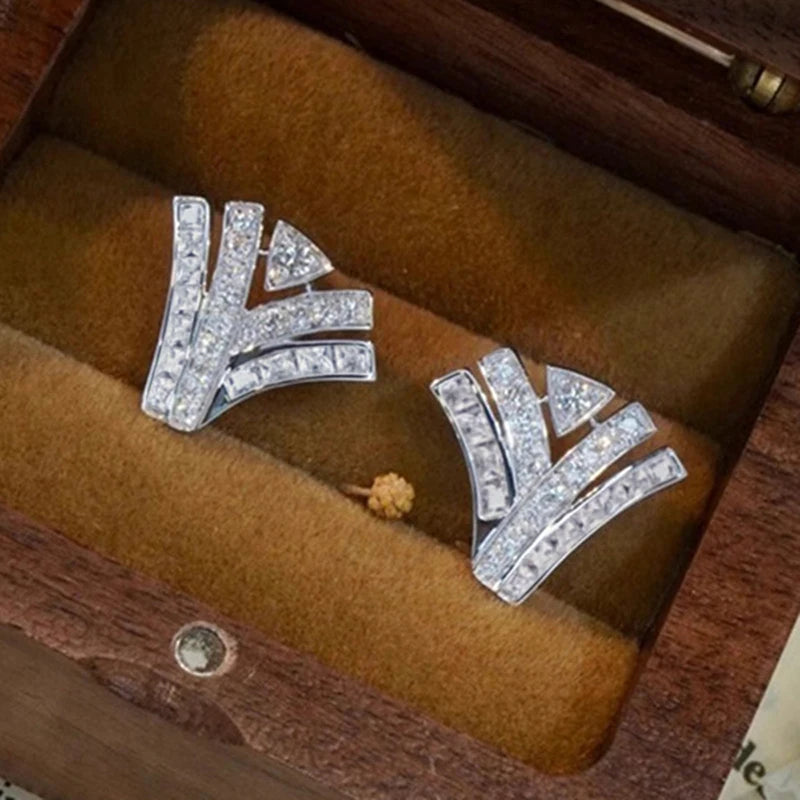 Huitan Luxury Geometric Stud Earrings with Bling Bling Cubic Zirconia Personality Trendy Ear Accessories Graceful Accessories