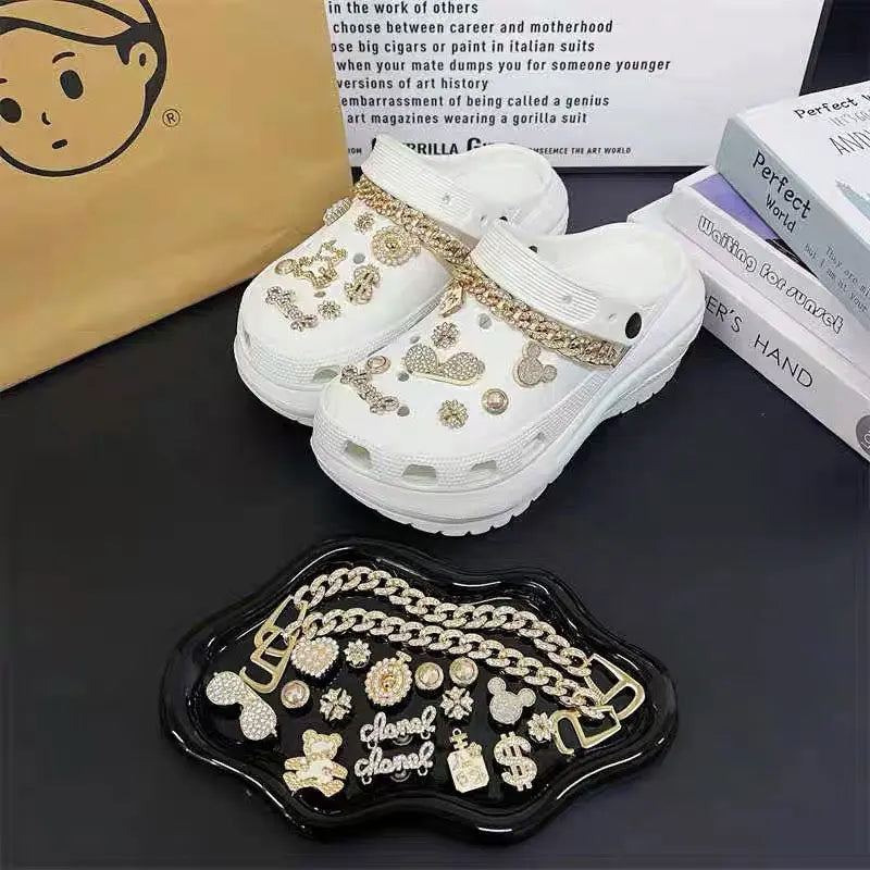 18Pcs Bling Shoe Charms for Clog Girly Cute Designer Golden Bling Shoe Charms Shoe Decoration with Bling Chain